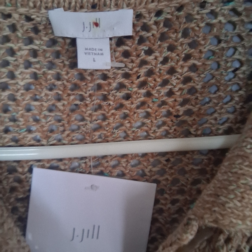 J Jill NWT Open Knit Button Down Cotton Blend Sweater Tan L. - Picture 5 of 7